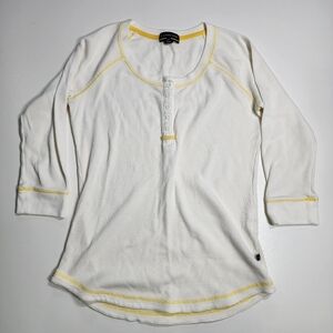 Lands' End Waffle Knit Henley Shirt White Yellow Trim Women’s Medium Thermal